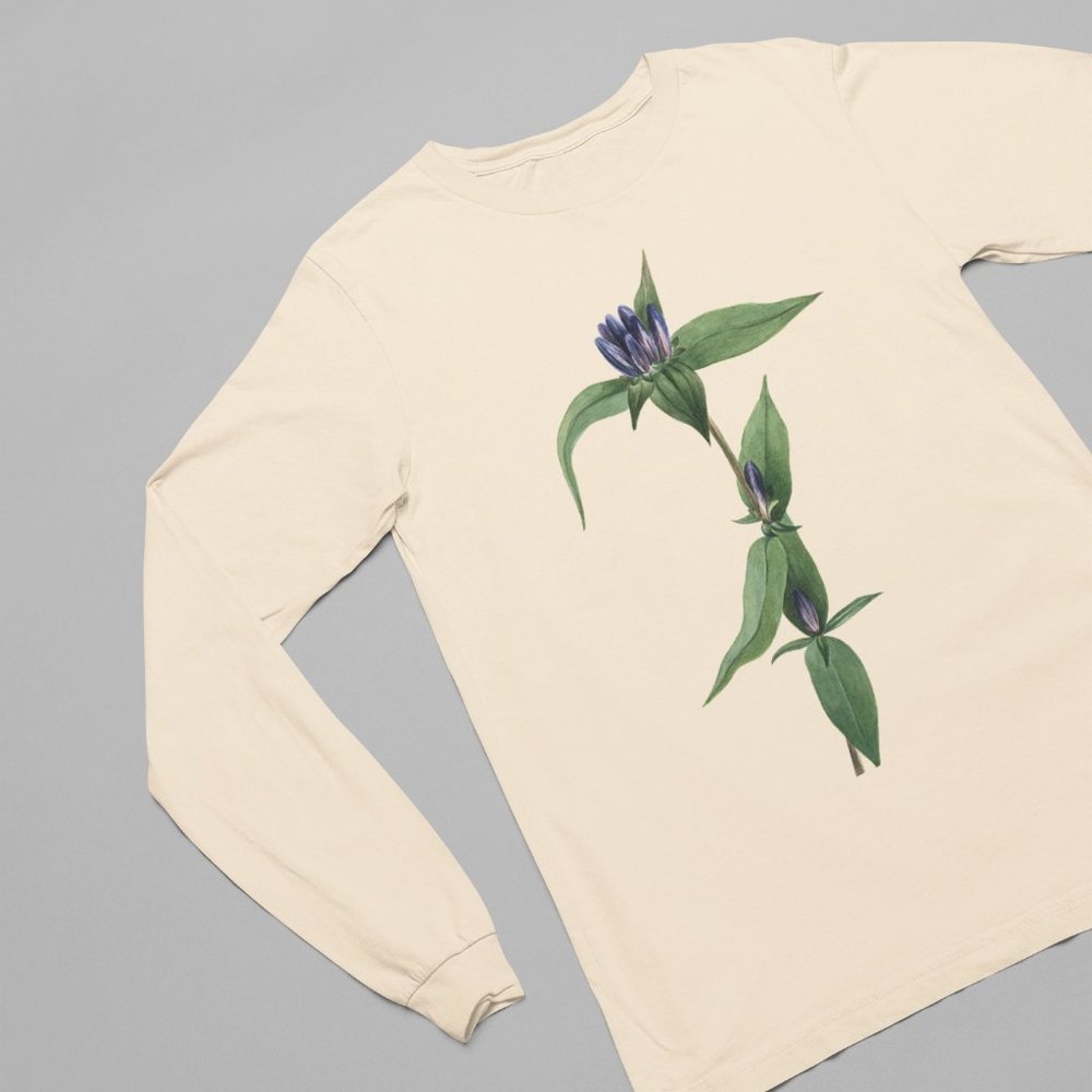 Bottle Gentian Vintage Floral Print Long Sleeve Graphic Tee T-shirt S M S L XL - Picture 2 of 6